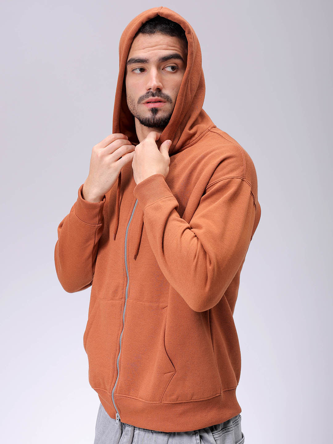 Men's Beige Relax Fit Solid Frontopen Zipper-Hooded Sweatshirt