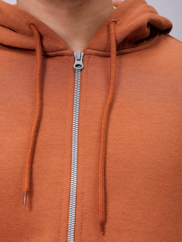 Men's Beige Relaxed Fit Solid Frontopen Zipperper-Hooded Sweatshirt