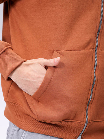 Men's Beige Relaxed Fit Solid Frontopen Zipperper-Hooded Sweatshirt