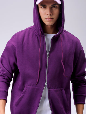 Men's Purple Relaxed Fit Solid Frontopen Zipperper-Hooded Sweatshirt