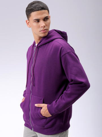 Men's Purple Relaxed Fit Solid Frontopen Zipperper-Hooded Sweatshirt