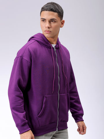 Men's Purple Relaxed Fit Solid Frontopen Zipperper-Hooded Sweatshirt