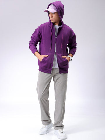 Men's Purple Relaxed Fit Solid Frontopen Zipperper-Hooded Sweatshirt