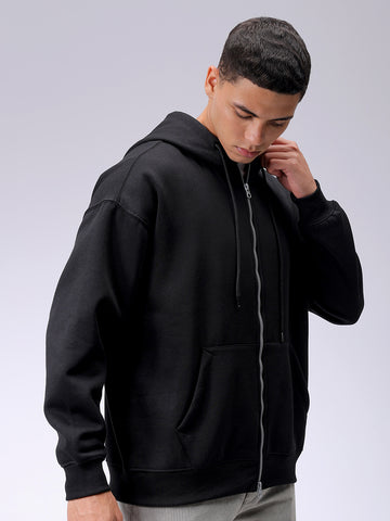 Men's Black Relaxed Fit Solid Frontopen Zipperper-Hooded Sweatshirt