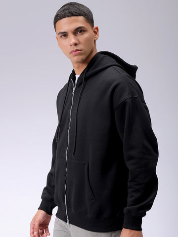 Men's Black Relaxed Fit Solid Frontopen Zipperper-Hooded Sweatshirt