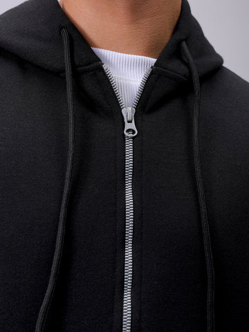 Men's Black Relaxed Fit Solid Frontopen Zipperper-Hooded Sweatshirt