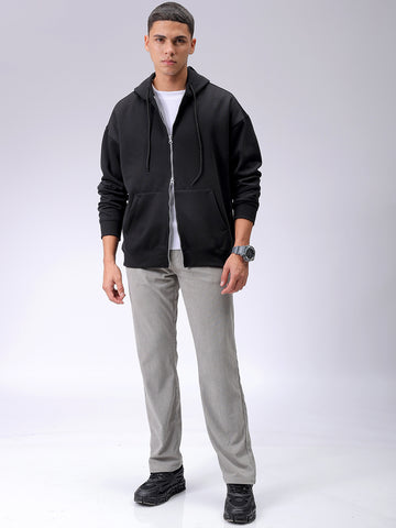Men's Black Relaxed Fit Solid Frontopen Zipperper-Hooded Sweatshirt