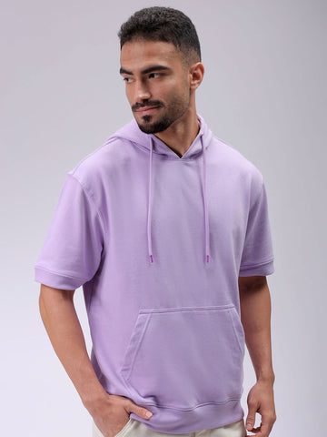 Men's Purple Oversized Solid Overhead-Hooded Sweatshirt