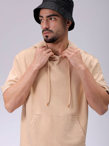 Men's Tan Oversized Solid Overhead-Hooded Sweatshirt
