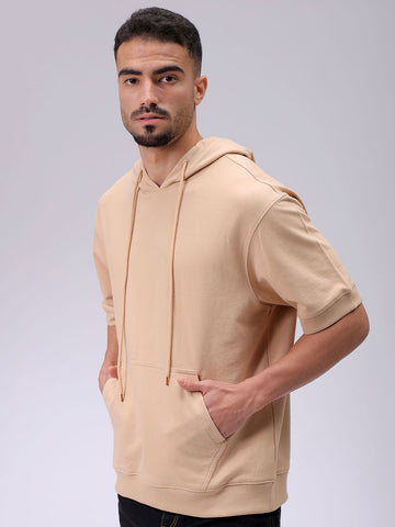 Men's Tan Oversized Solid Overhead-Hooded Sweatshirt