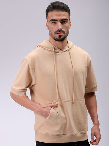 Men's Tan Oversized Solid Overhead-Hooded Sweatshirt