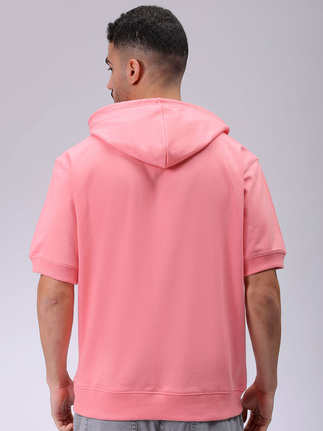 Men's Pink Oversized Solid Overhead-Hooded Sweatshirt