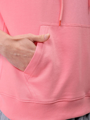 Men's Pink Oversized Solid Overhead-Hooded Sweatshirt