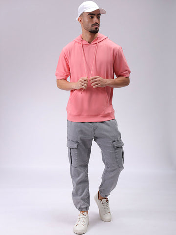 Men's Pink Oversized Solid Overhead-Hooded Sweatshirt