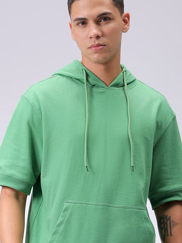 Men's Green Oversized Solid Overhead-Hooded Sweatshirt