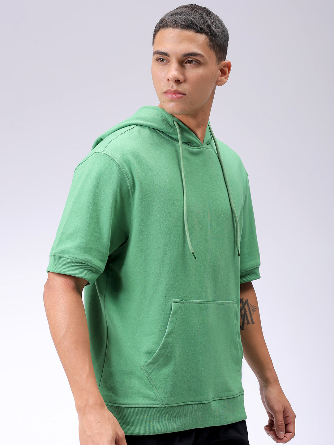 Men's Green Oversized Solid Overhead-Hooded Sweatshirt
