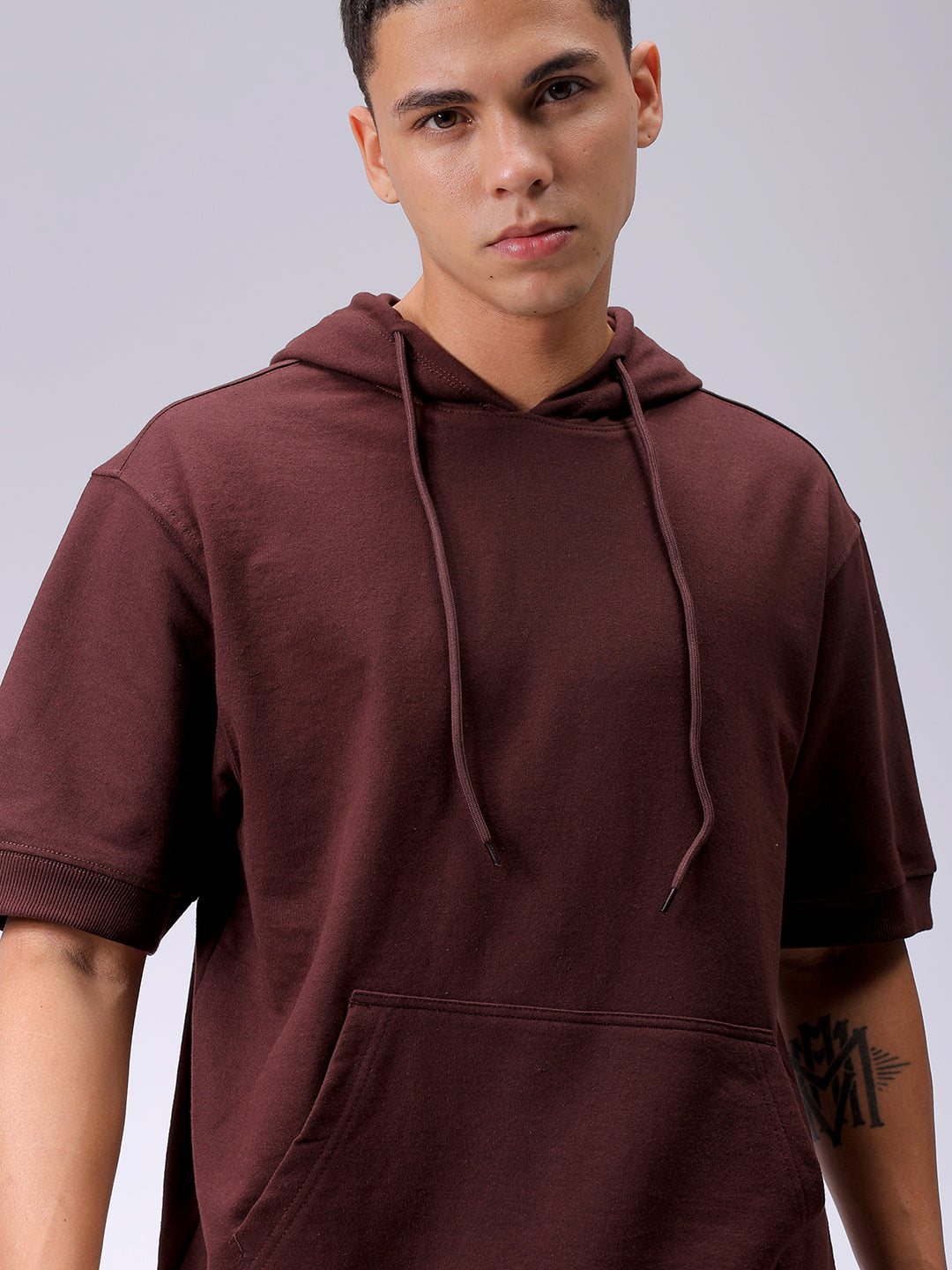 Men's Brown Oversized Solid Overhead-Hooded Sweatshirt