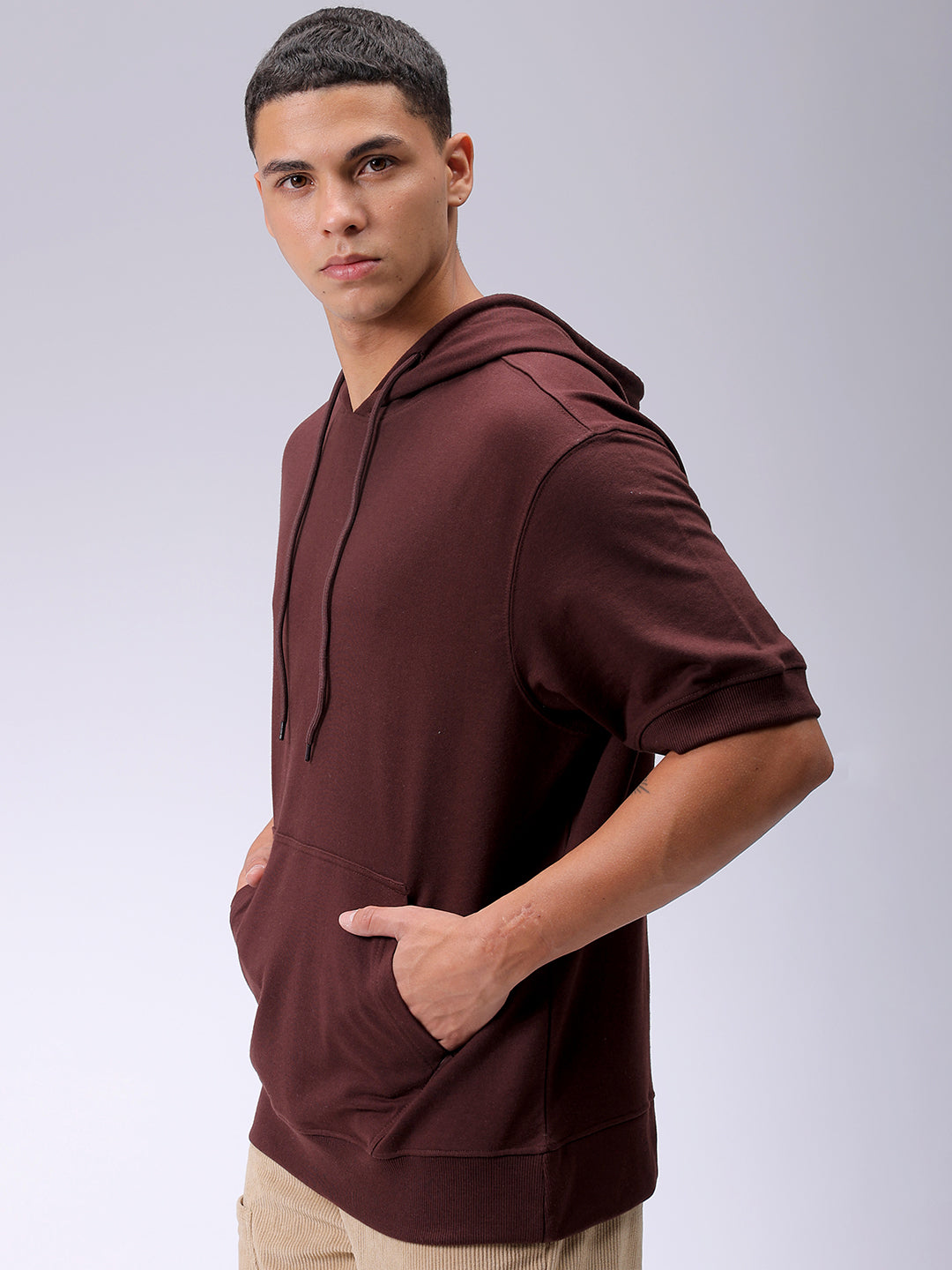 Men's Brown Oversized Solid Overhead-Hooded Sweatshirt