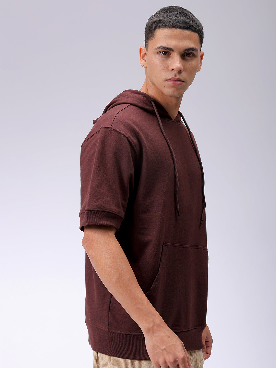 Men's Brown Oversized Solid Overhead-Hooded Sweatshirt