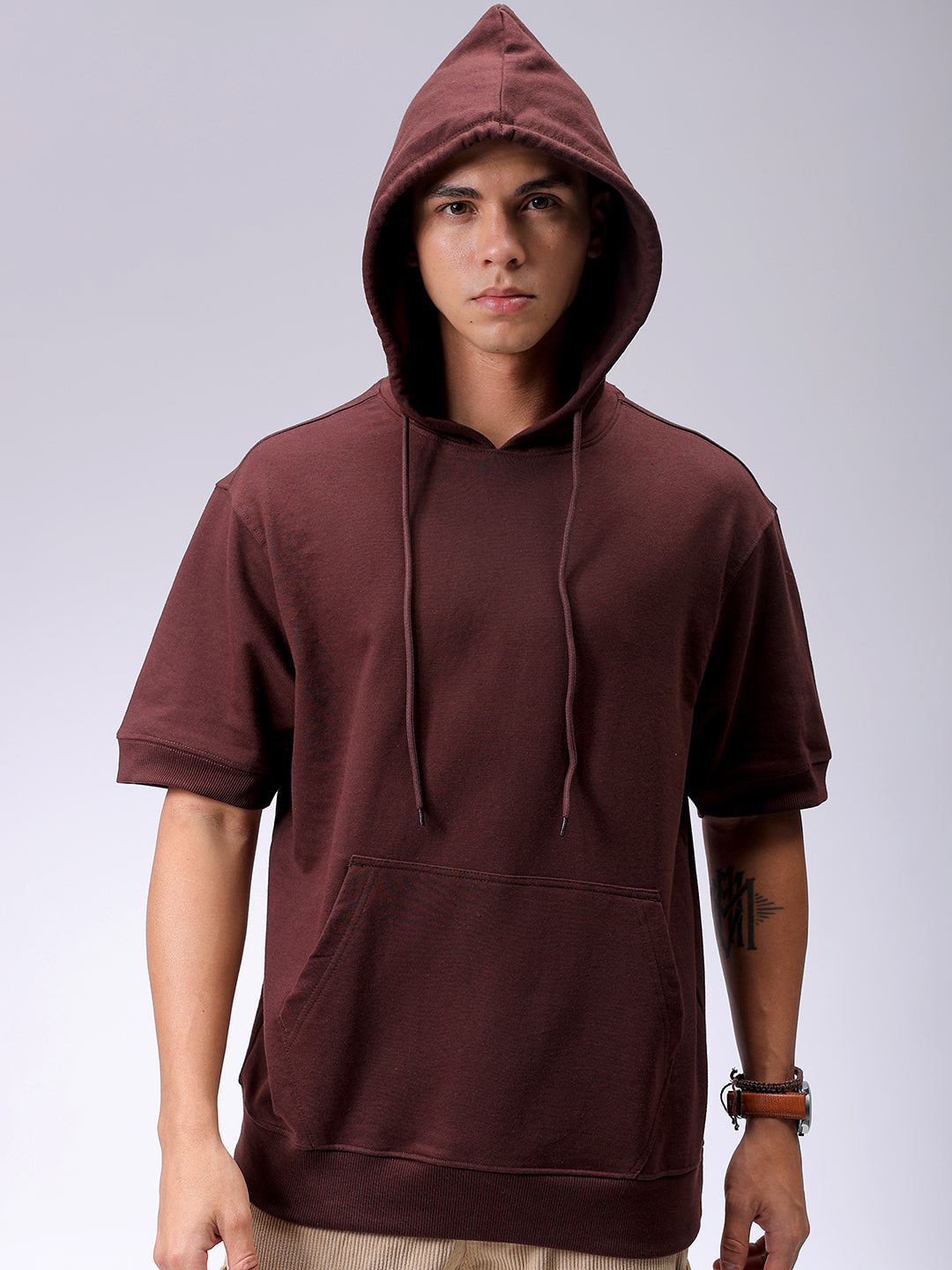 Men's Brown Oversized Solid Overhead-Hooded Sweatshirt