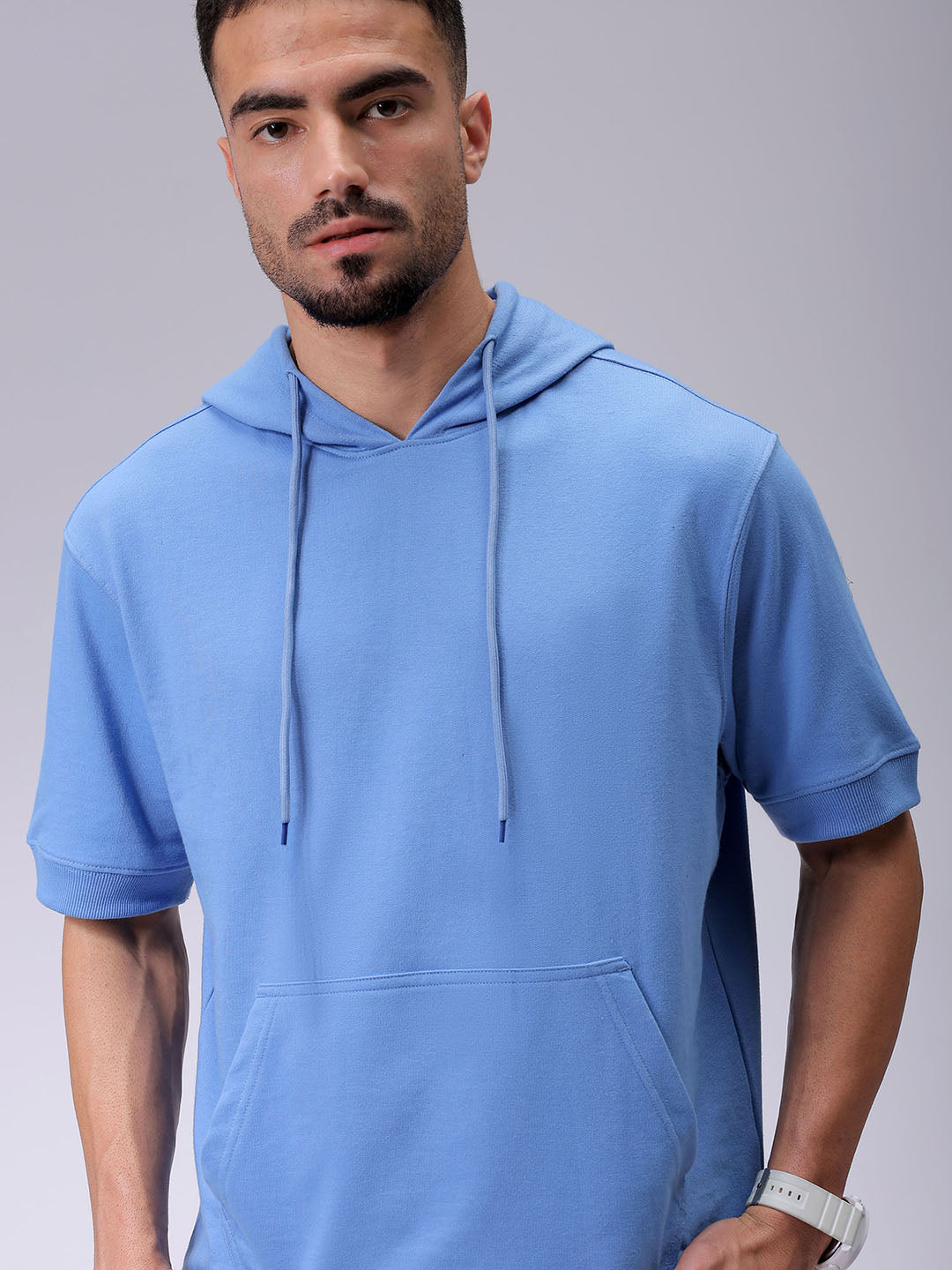 Men's Blue Oversized Solid Overhead-Hooded Sweatshirt