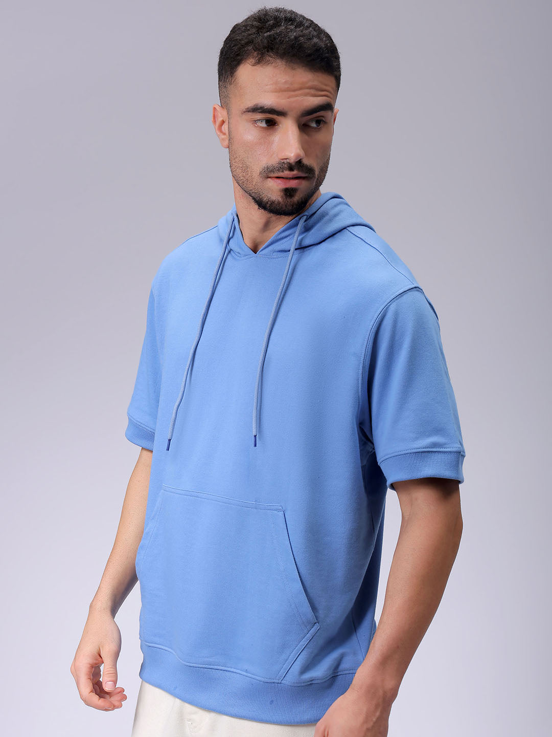 Men's Blue Oversized Solid Overhead-Hooded Sweatshirt