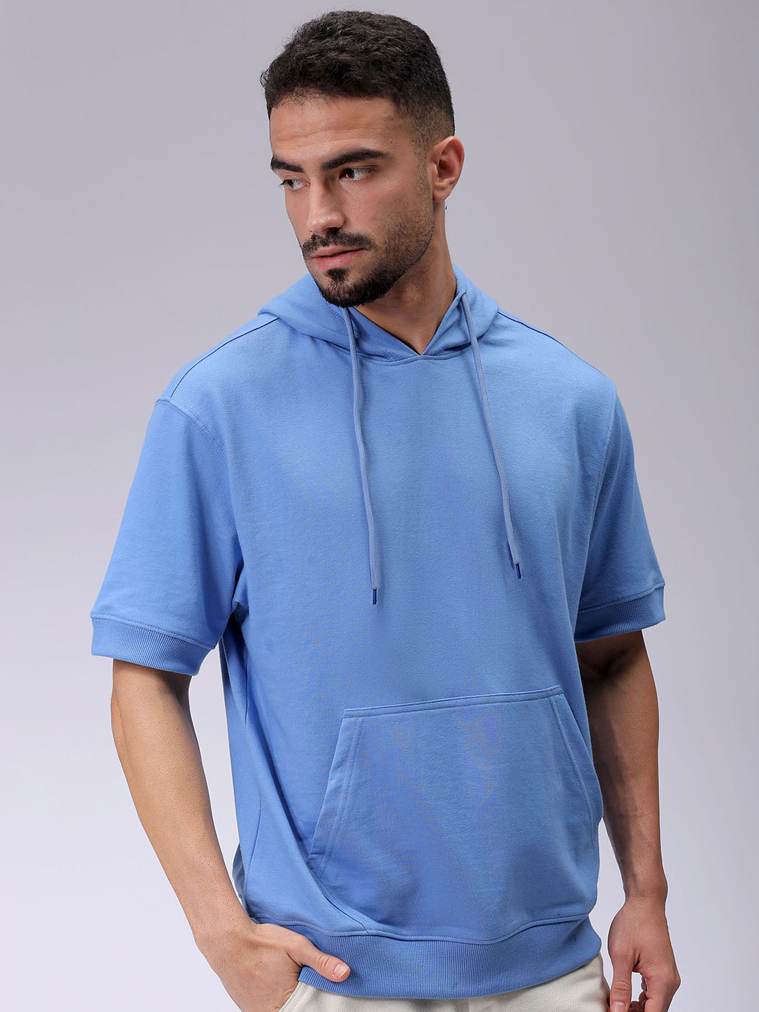 Men's Blue Oversized Solid Overhead-Hooded Sweatshirt