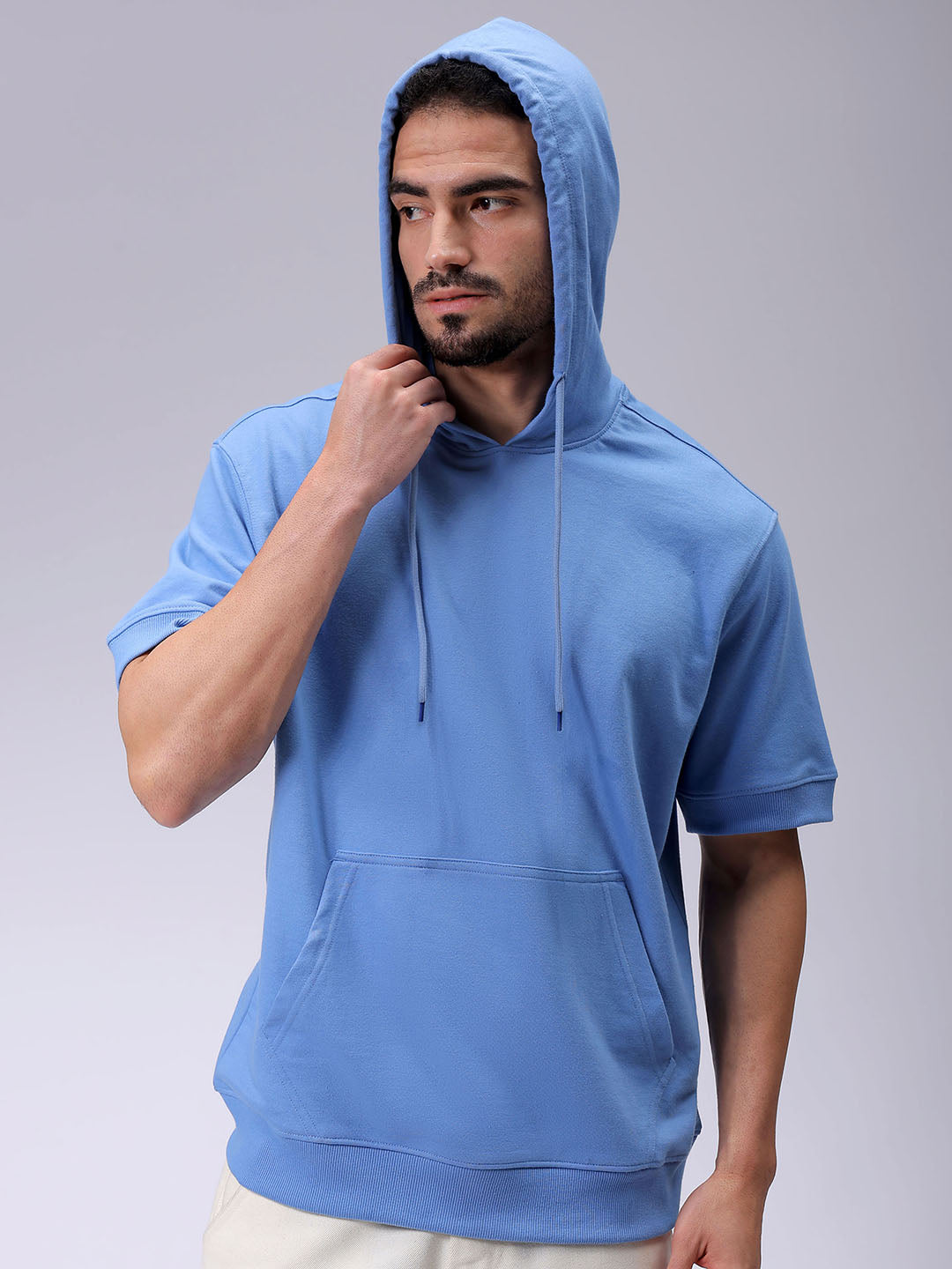 Men's Blue Oversized Solid Overhead-Hooded Sweatshirt