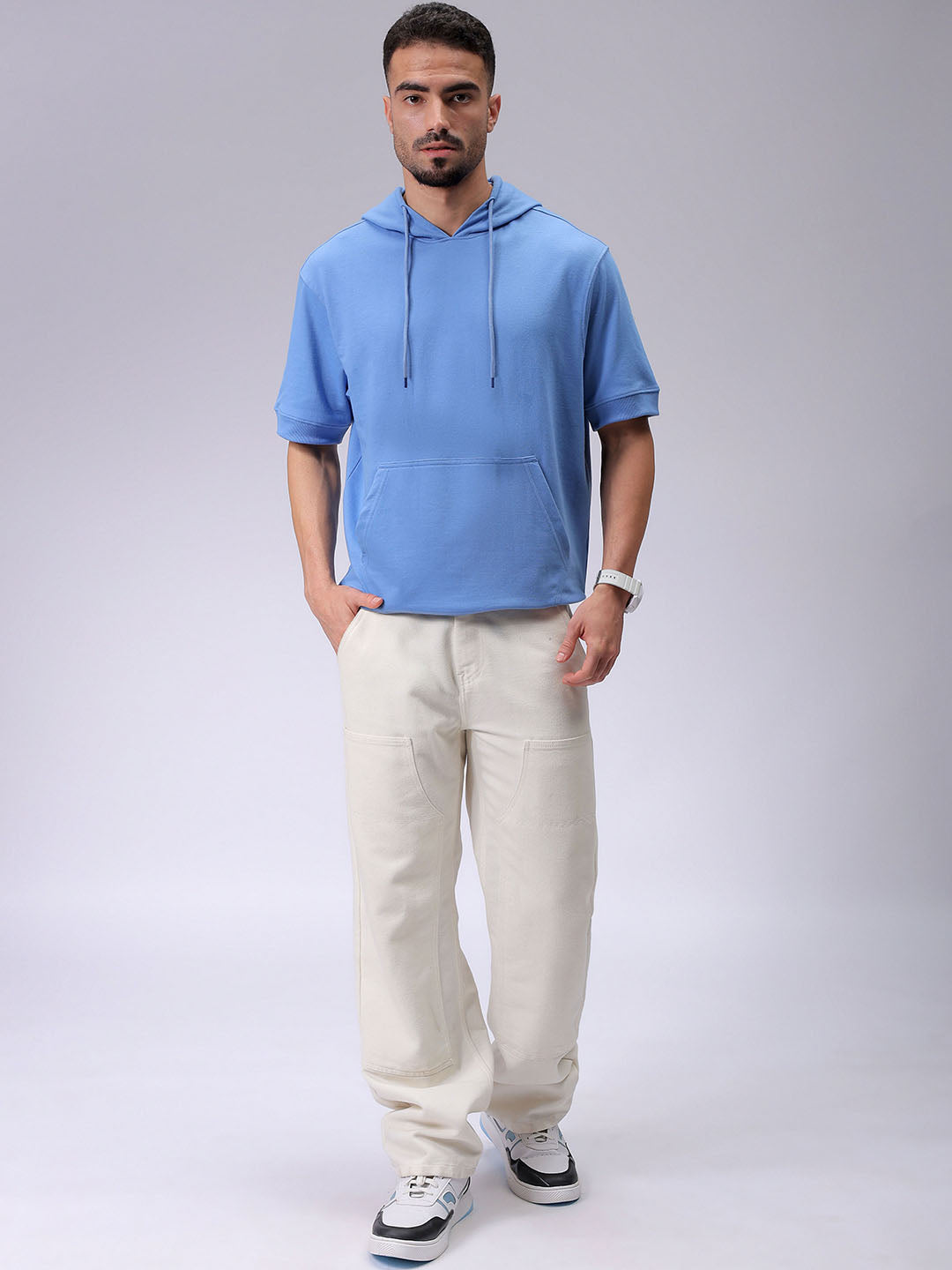 Men's Blue Oversized Solid Overhead-Hooded Sweatshirt