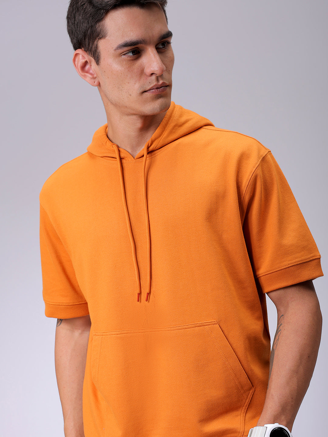 Men's Orange Oversized Solid Overhead Hooded Sweatshirt