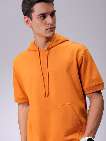 Men's Orange Oversized Solid Overhead Hooded Sweatshirt