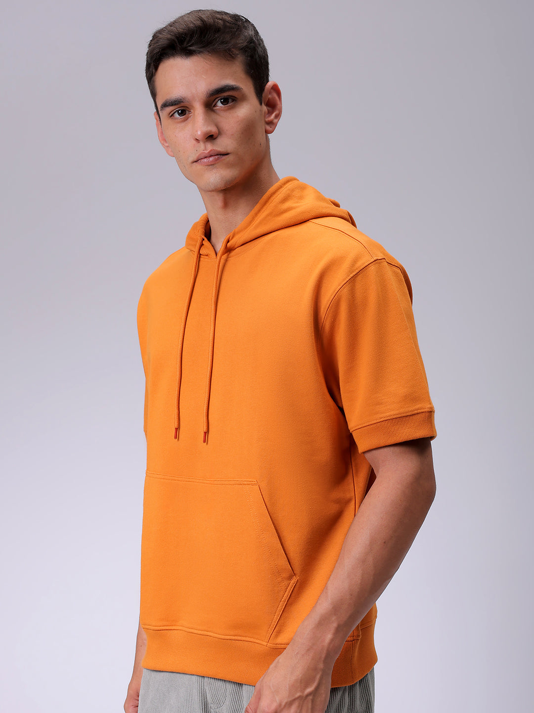 Men's Orange Oversized Solid Overhead Hooded Sweatshirt