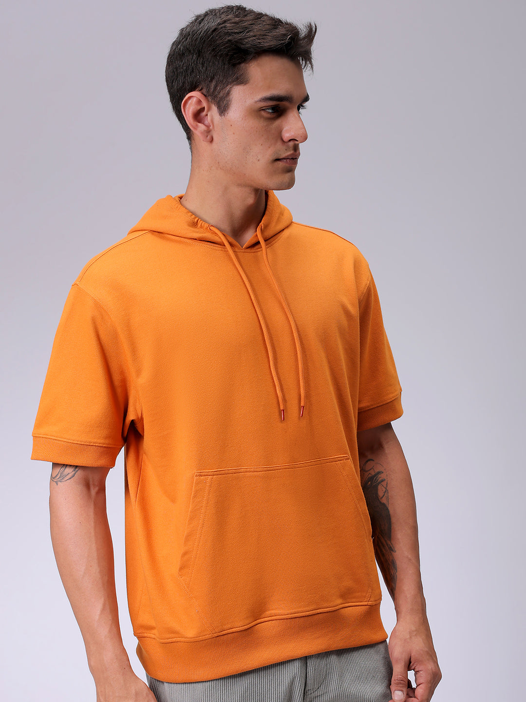 Men's Orange Oversized Solid Overhead Hooded Sweatshirt