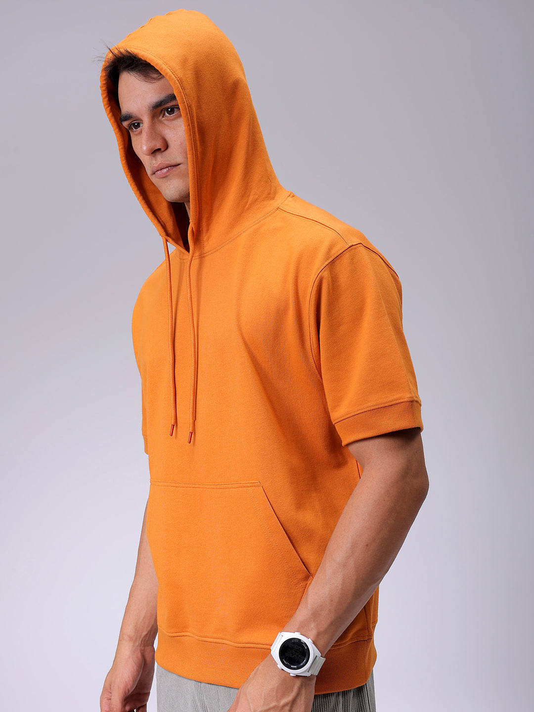 Men's Orange Oversized Solid Overhead Hooded Sweatshirt