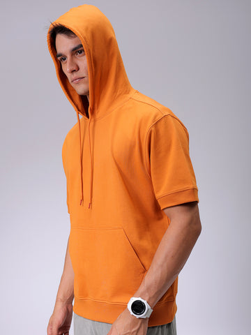Men's Orange Oversized Solid Overhead Hooded Sweatshirt