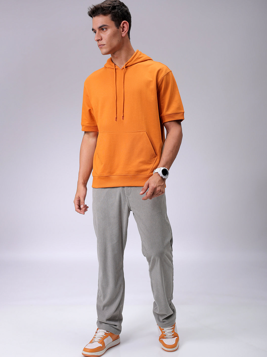 Men's Orange Oversized Solid Overhead Hooded Sweatshirt