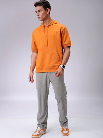 Men's Orange Oversized Solid Overhead Hooded Sweatshirt