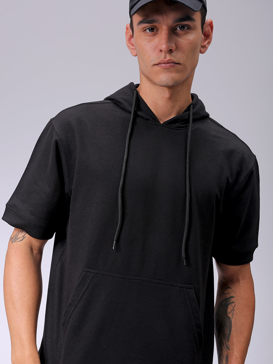 Men's Black Oversized Solid Overhead Hooded Sweatshirt