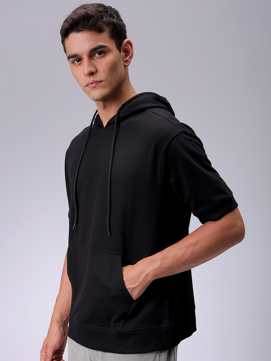 Men's Black Oversized Solid Overhead Hooded Sweatshirt