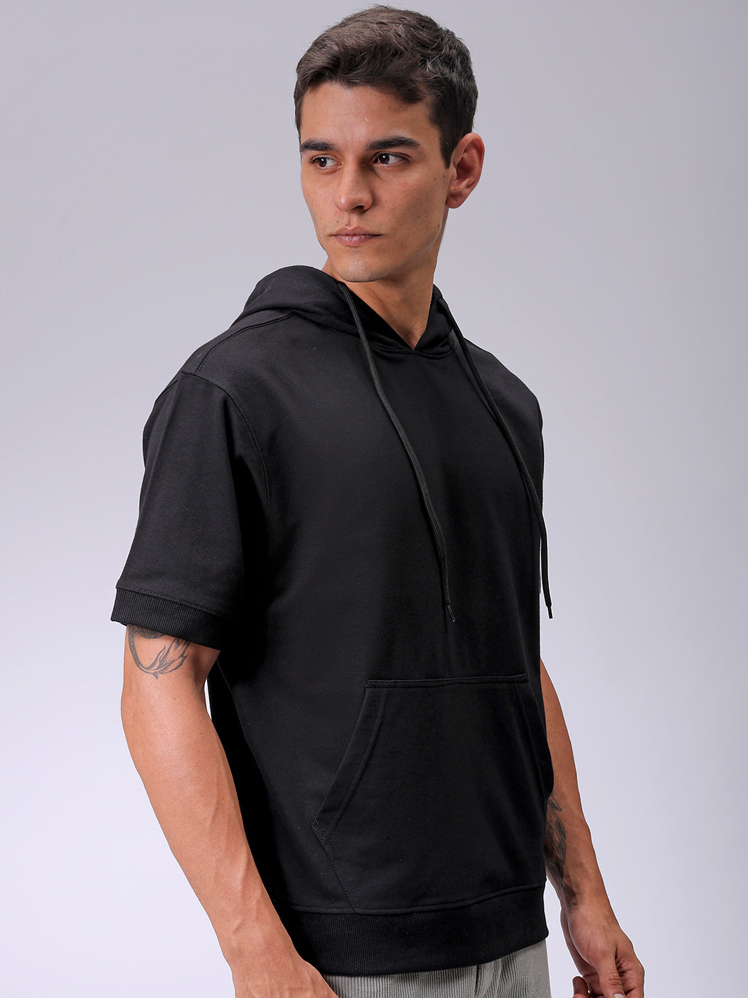 Men's Black Oversized Solid Overhead Hooded Sweatshirt