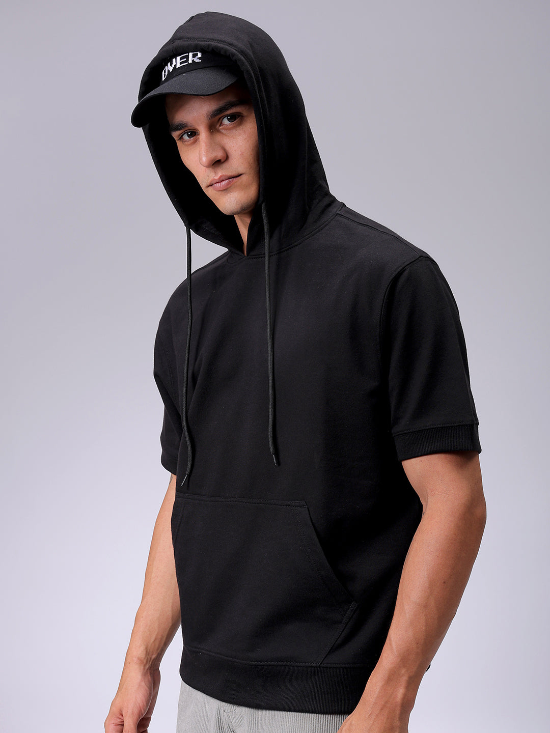 Men's Black Oversized Solid Overhead Hooded Sweatshirt