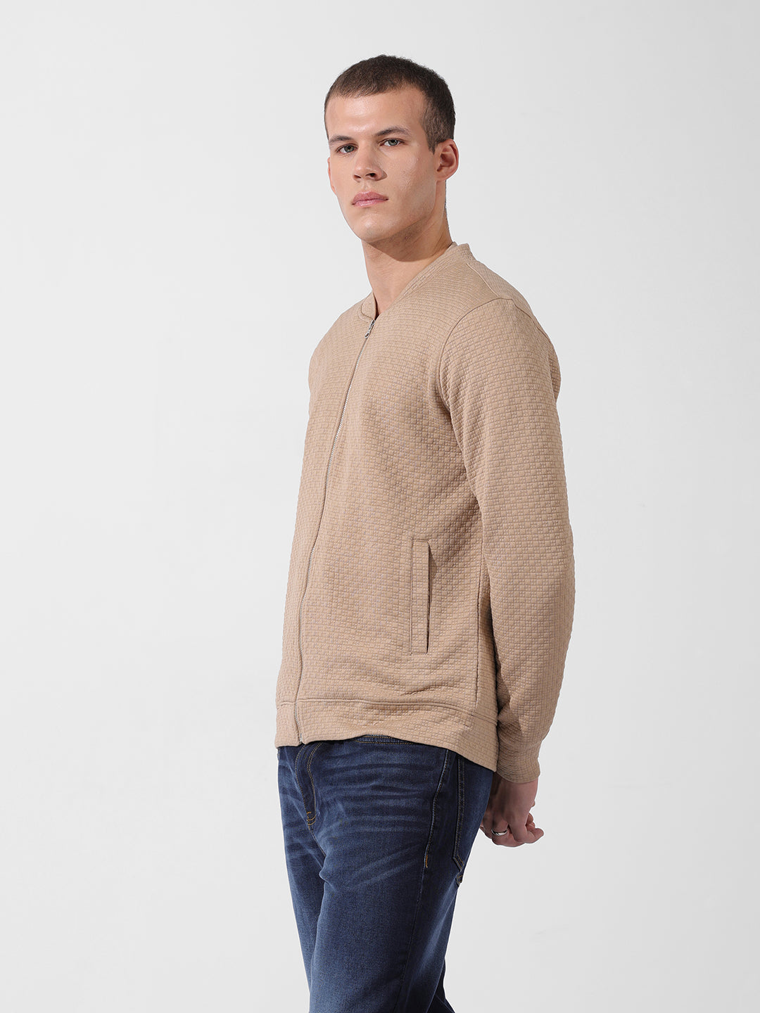 Men's Beige Regular Fit Textured Casual Sweatshirt