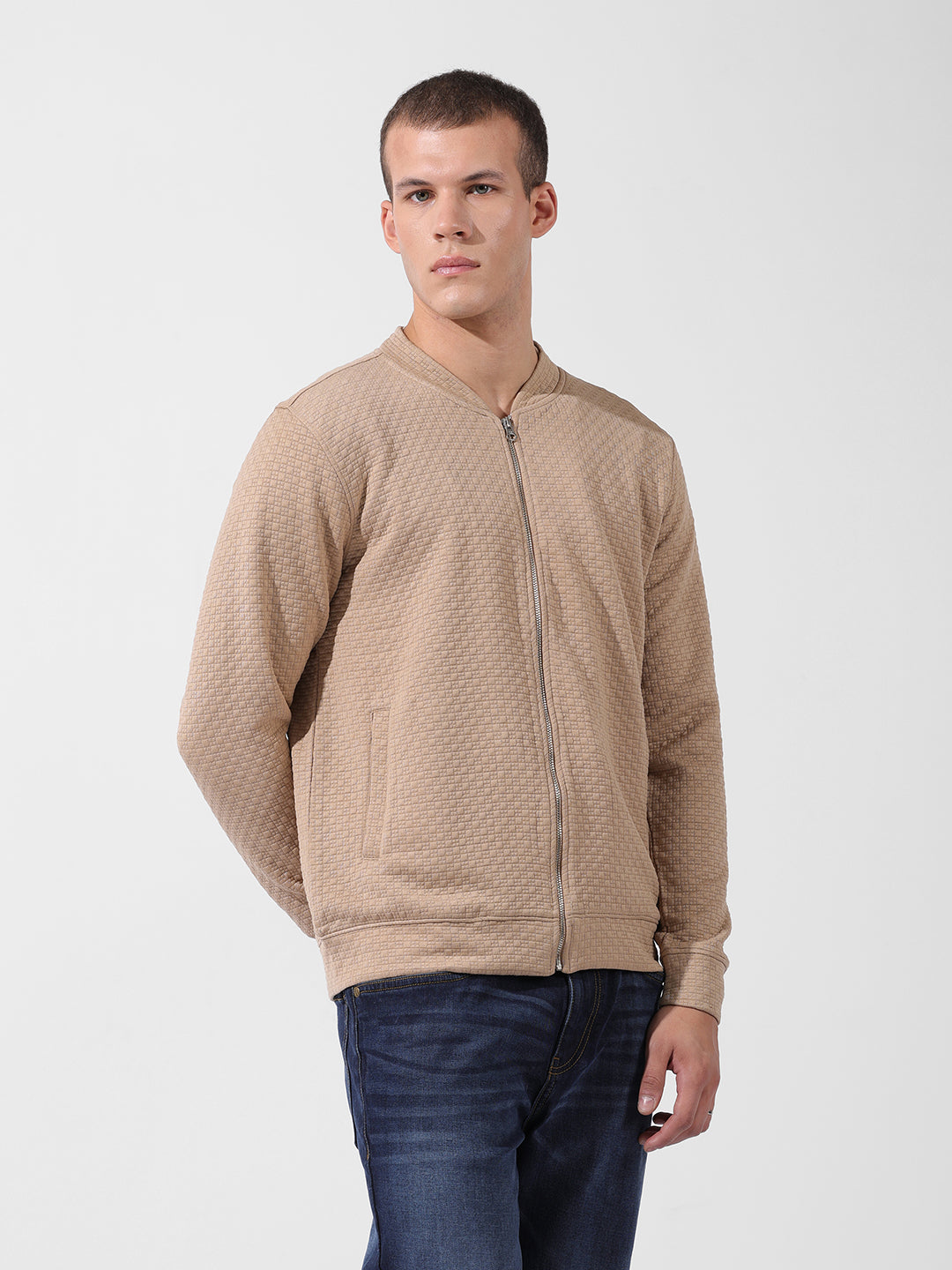 Men's Beige Regular Fit Textured Casual Sweatshirt
