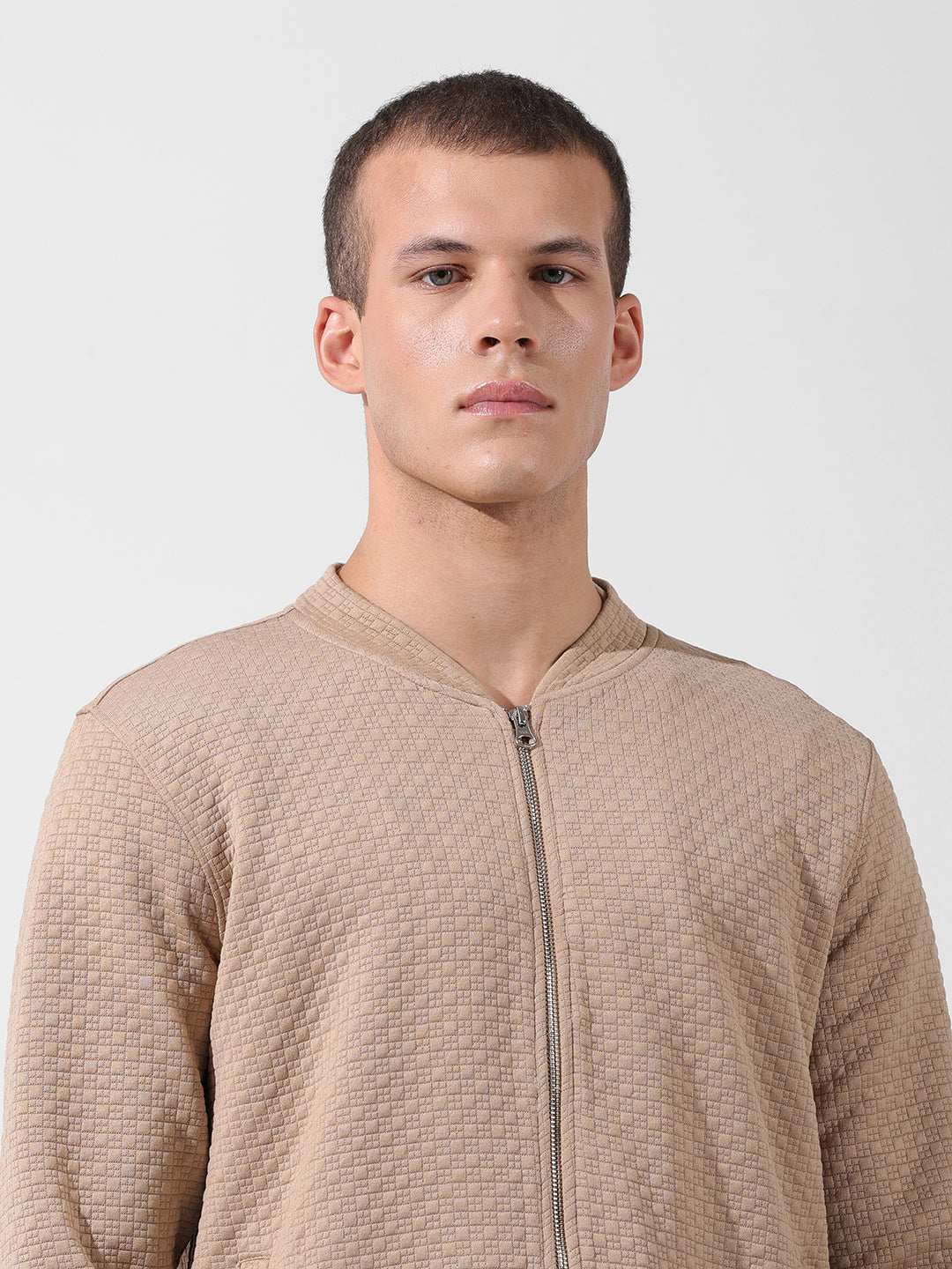 Men's Beige Regular Fit Textured Casual Sweatshirt
