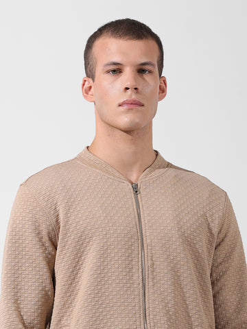 Men's Beige Regular Fit Textured Casual Sweatshirt