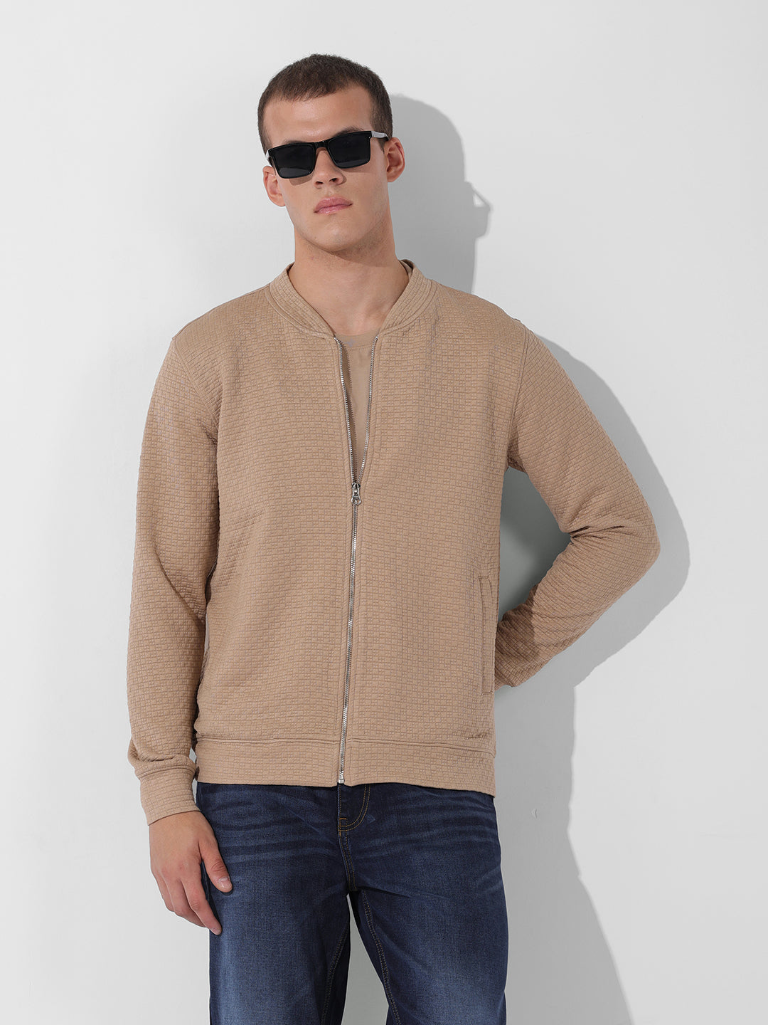 Men's Beige Regular Fit Textured Casual Sweatshirt
