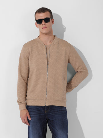 Men's Beige Regular Fit Textured Casual Sweatshirt