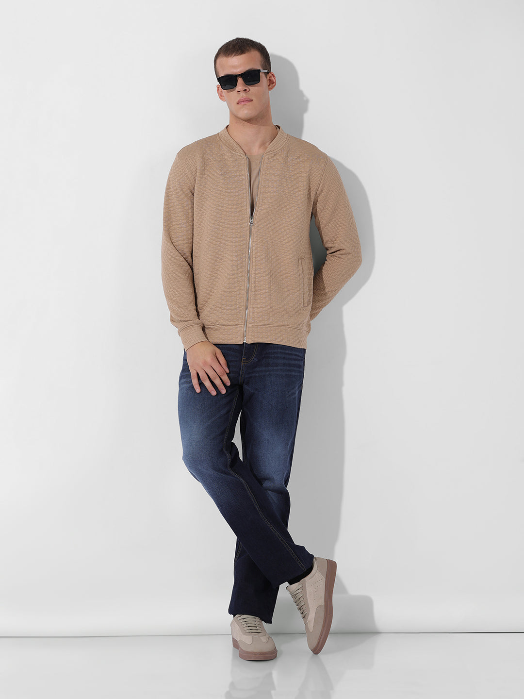 Men's Beige Regular Fit Textured Casual Sweatshirt