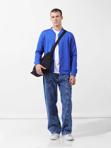 Men's Blue Regular Fit Textured Casual Sweatshirt