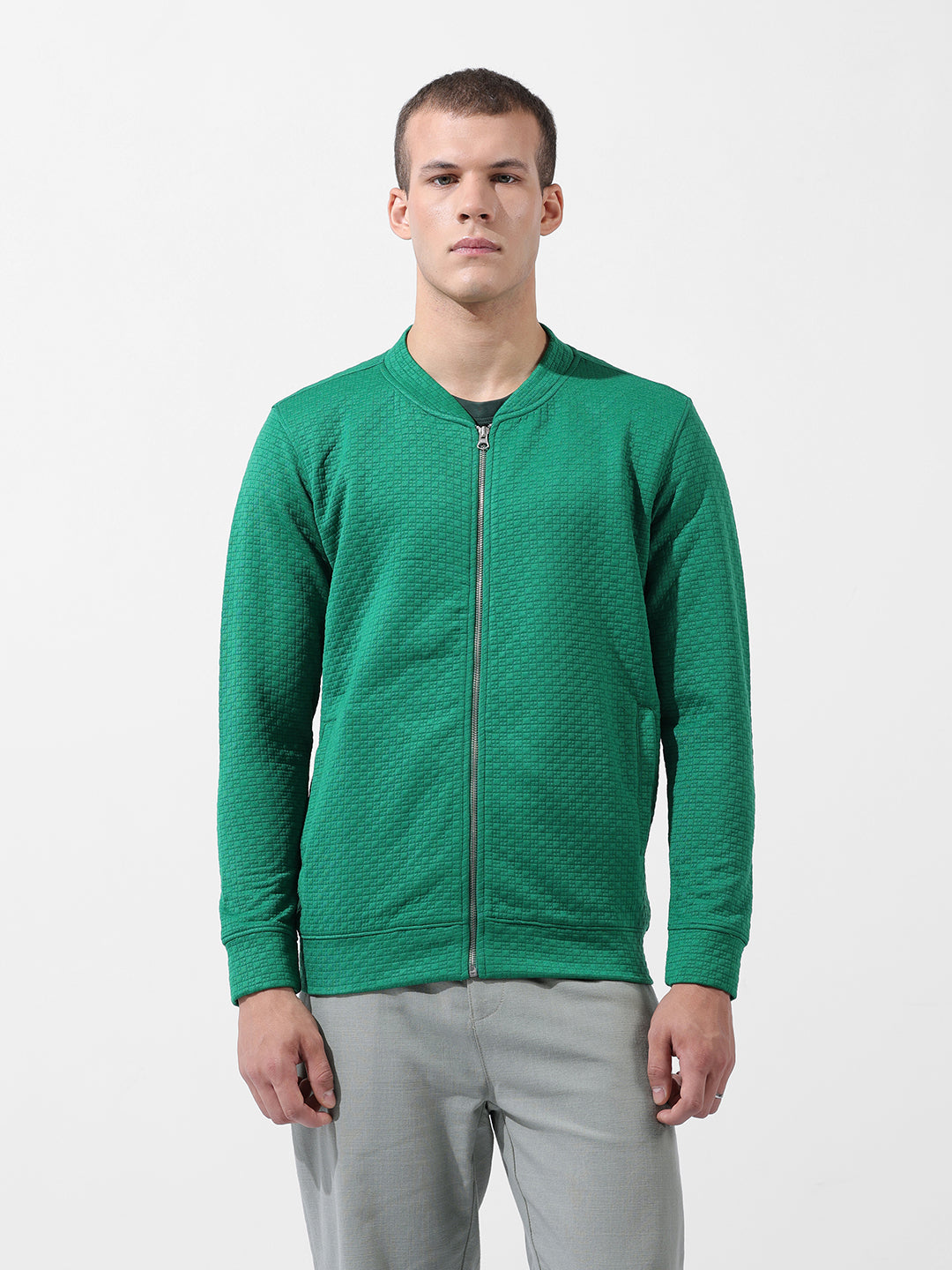 Men's Green Regular Fit Textured Casual Sweatshirt